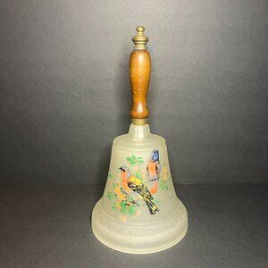 Vintage Westmoreland Frosted Glass Floral & Bird Bell w/ Wood Handle 8.5 x 4.5"